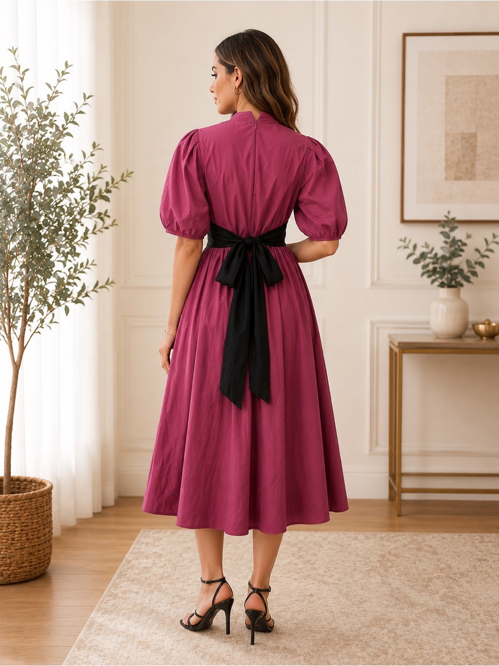Black & Mauve Puff Sleeve Tie Back Midi Dress Small - Picture 2 of 4